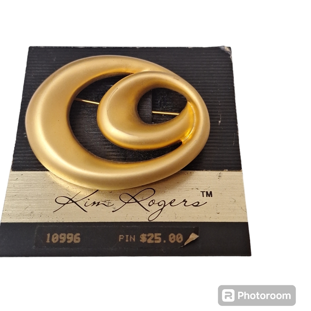 Vintage Mid Century Matte Gold Tone Modernist Swirl Brooch Kim Rogers 2 1/4"